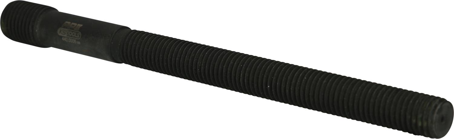 Długi, czarny pręt metalowy gwintowany obustronnie, stosowany jako element łączący w połączeniach śrubowych.