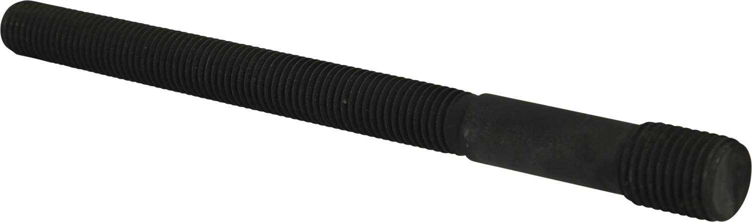 Metalowy pręt gwintowany przemysłowy, czarny, z równomiernym gwintem, odpowiedni do mechanicznych zastosowań mocujących.