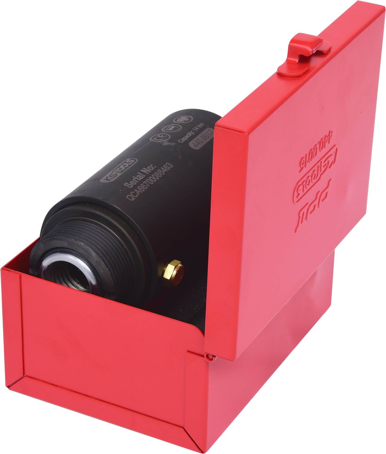 Okrągła, czarna osłona ochronna w czerwonym, otwartym pudełku metalowym.