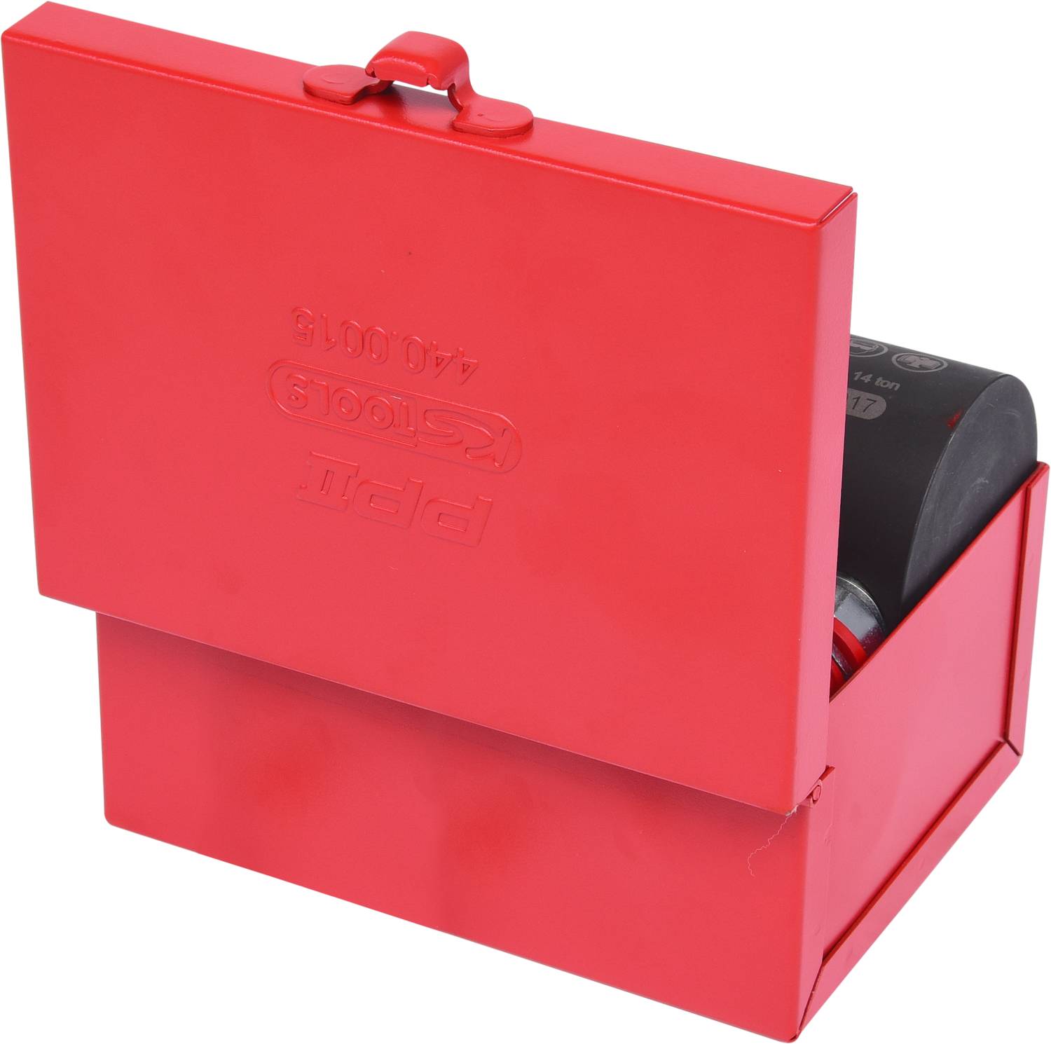 Czerwona metalowa skrzynka narzędziowa, częściowo otwarta, ukazuje znajdujące się wewnątrz narzędzia ręczne.