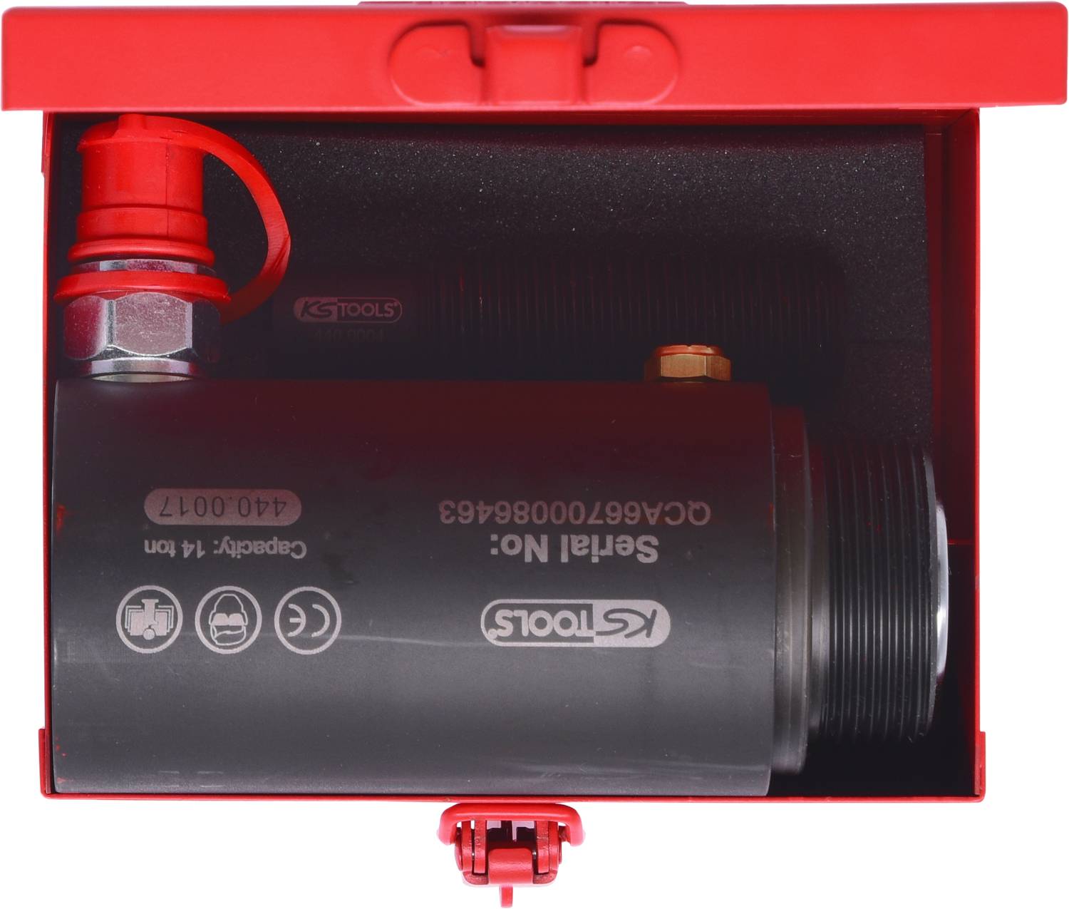 Czerwona skrzynka narzędziowa prezentuje cylindryczny element metalowy z numerem seryjnym i logo producenta, otoczony czarnymi przewodami.