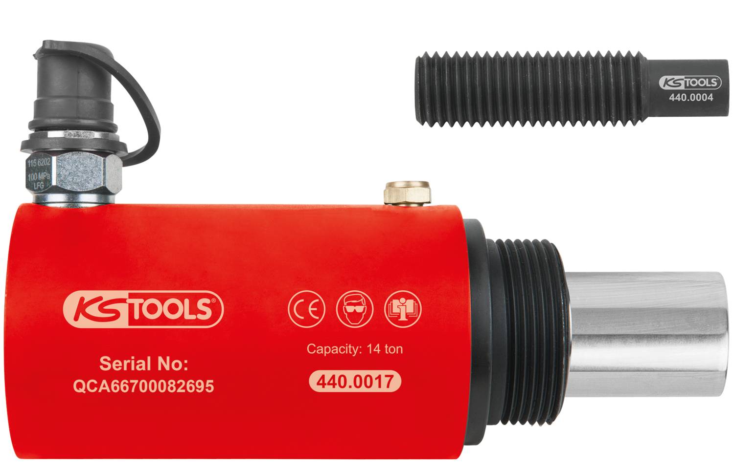 Czerwony cylinder hydrauliczny z czarną wkładką gwintowaną, o pojemności 14 ton, o numerze seryjnym 'QCA66700082695'.