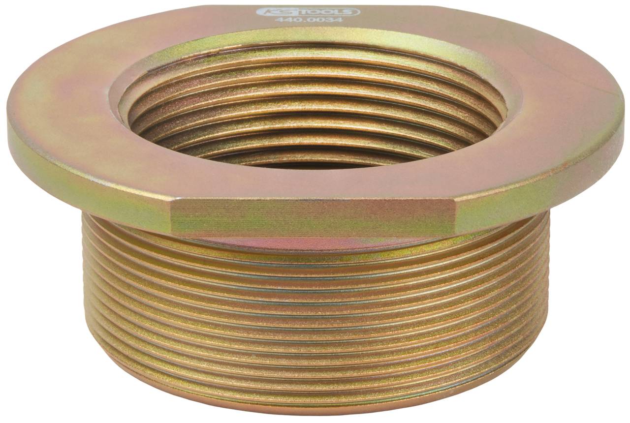 Metalowa nakrętka pierścieniowa z gwintem wewnętrznym i zewnętrznym. Służy jako adapter do połączeń maszynowych lub rurowych.