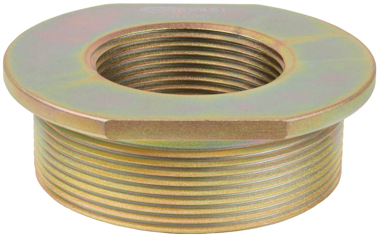 Metalowa, okrągła złączka gwintowana w kolorze brązu, płaska z szerokim kołnierzem. Jest stosowana do rur lub przyłączy.
