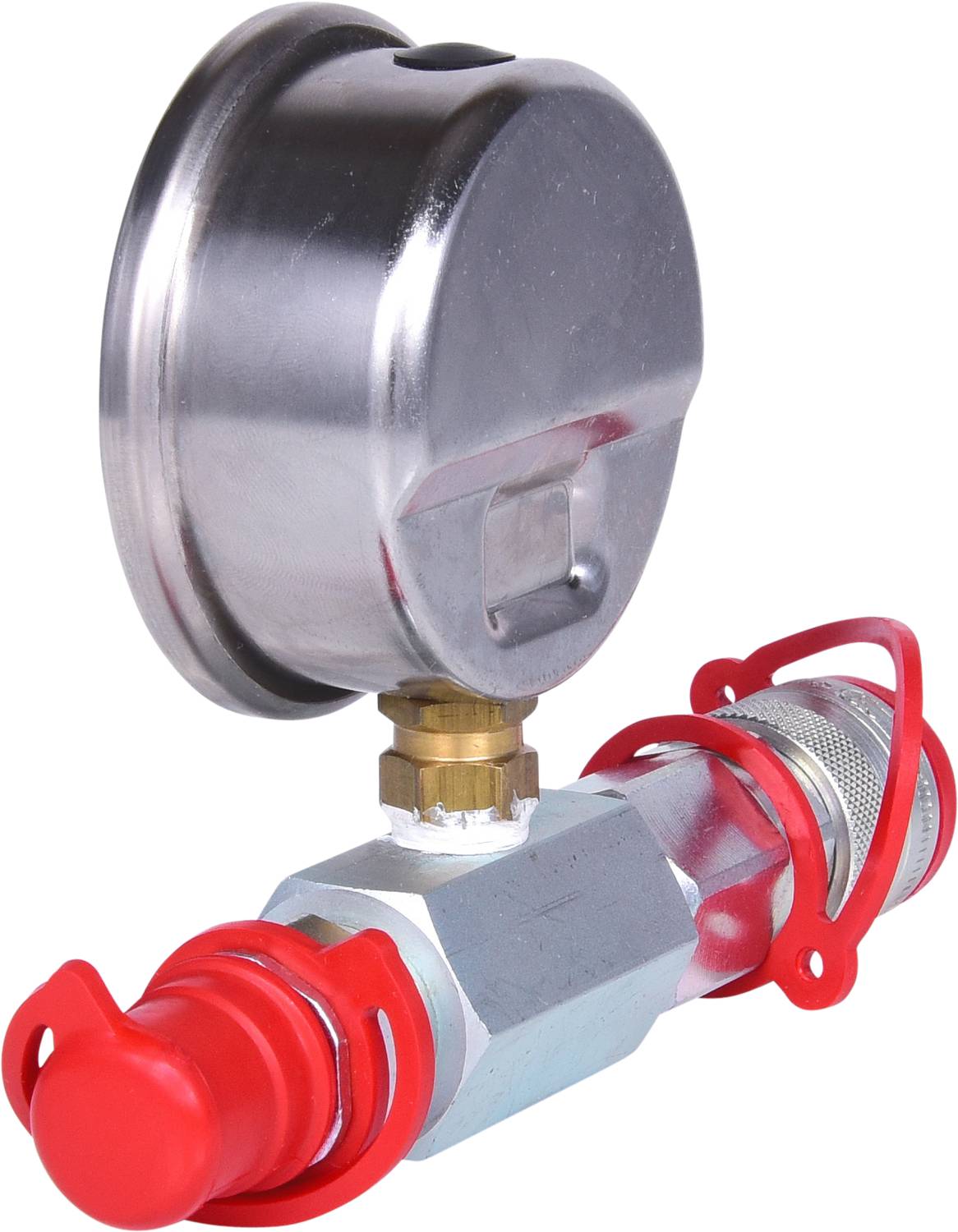 Cylindryczny miernik ciśnienia z czerwonym zamkiem bezpieczeństwa, odpowiedni do zastosowań w systemach grzewczych i sanitarnych.