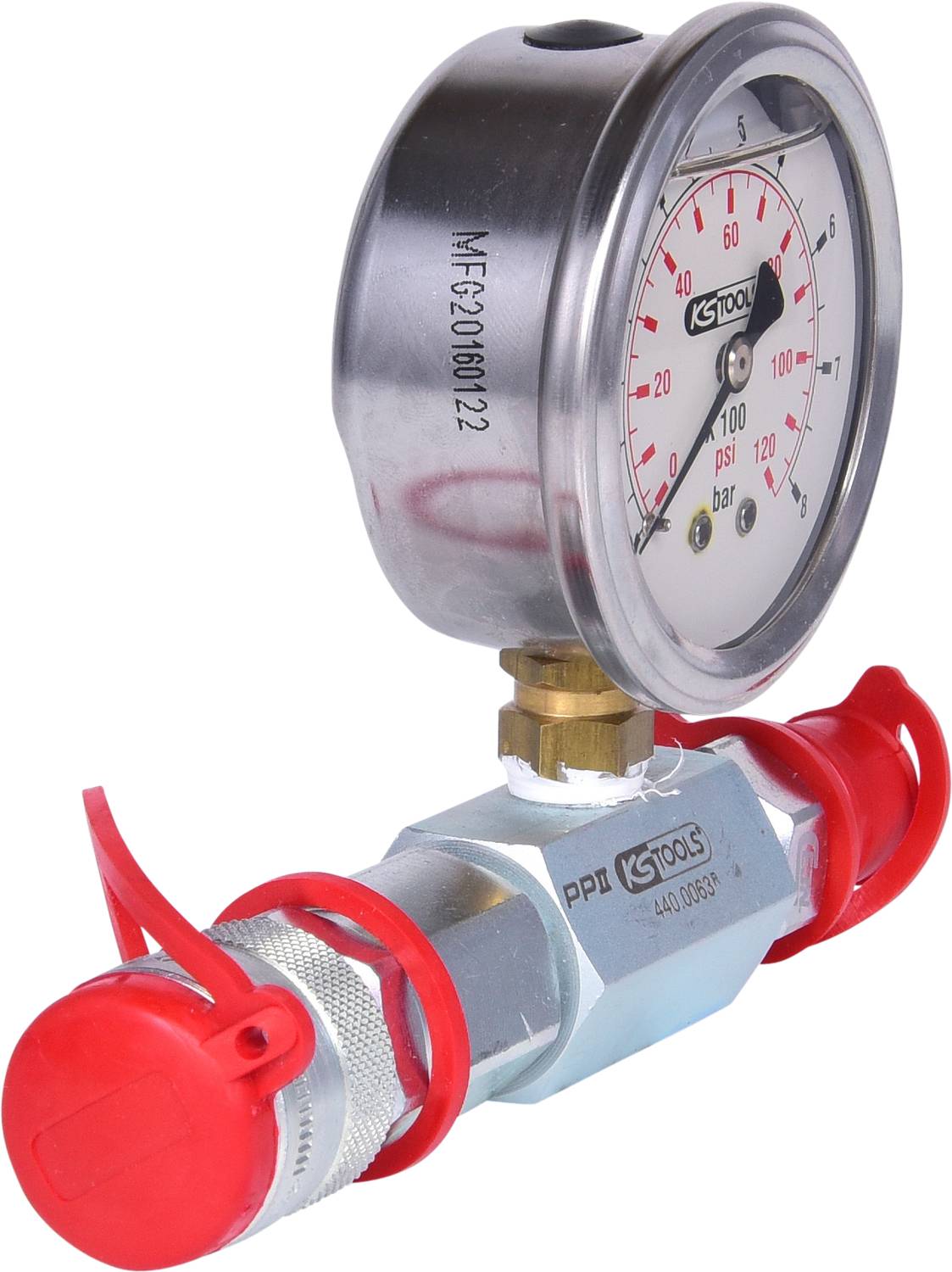 Manometr wskazuje ciśnienie w psi i barach, zamontowany na złączu hydraulicznym z czerwoną osłoną zabezpieczającą.