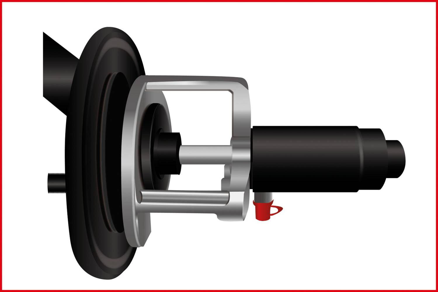 Ilustracja amortyzatora z nakrętką kołpakową u góry i gwintowanym końcem u dołu. Służy do tłumienia drgań i ruchów pojazdu.