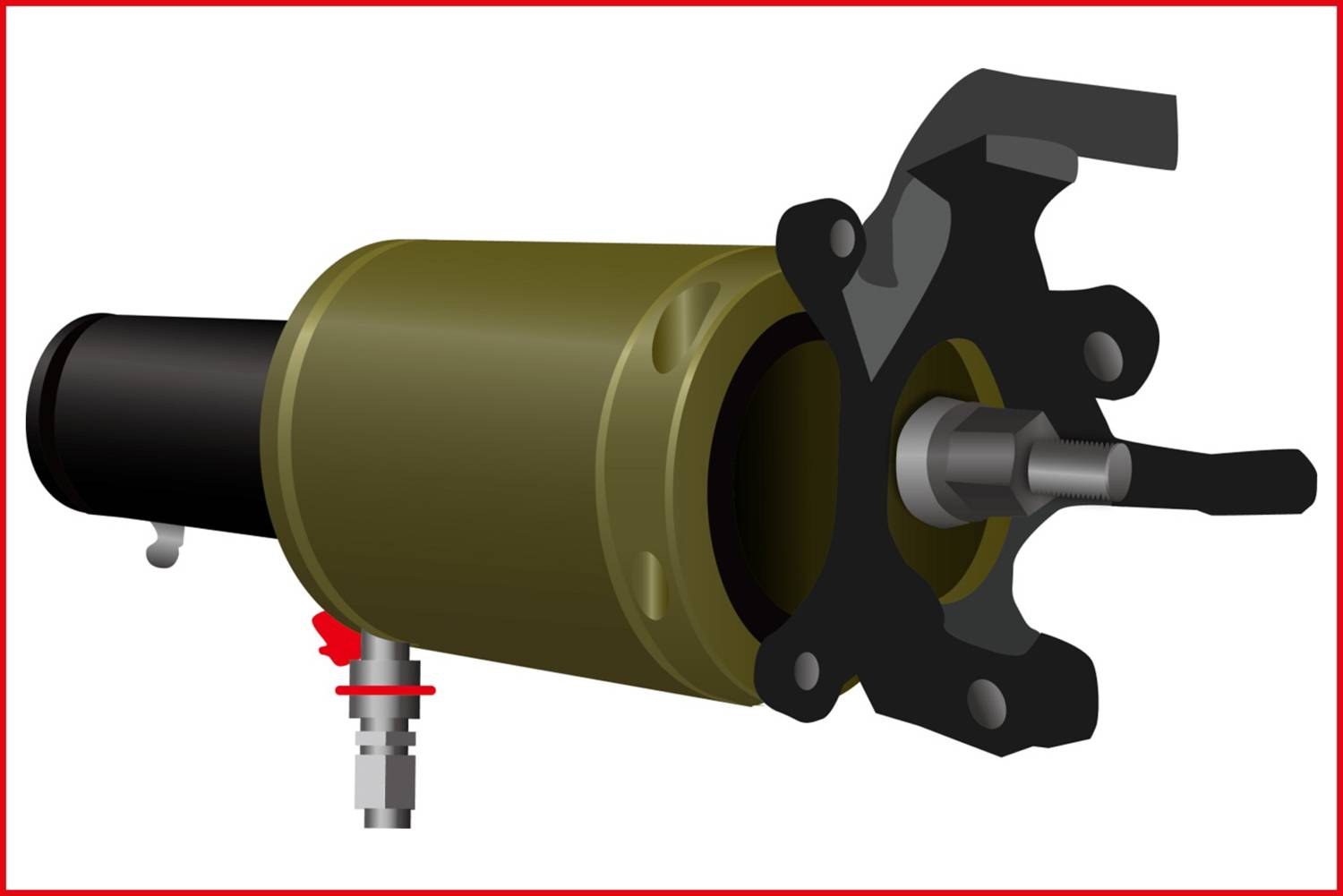 Zielony cylinder hydrauliczny z czarną dźwignią z przodu i czerwonym zaworem u dołu na białym tle.