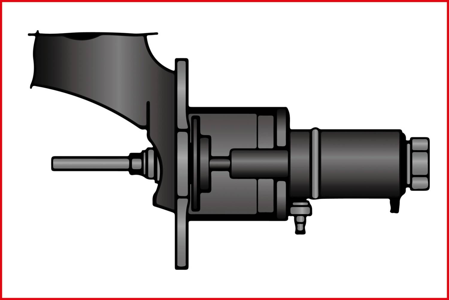 Diagram przedstawia urządzenie mechaniczne z różnymi komponentami, w tym dźwignią, wałem i cylindrycznym korpusem.
