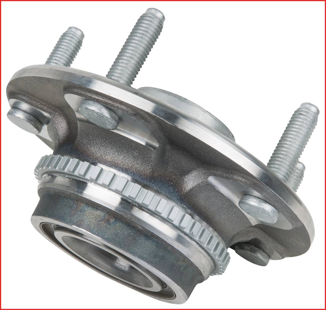 Łożysko koła z czterema śrubami do samochodowego systemu osi, srebrne elementy metalowe, zbliżenie.