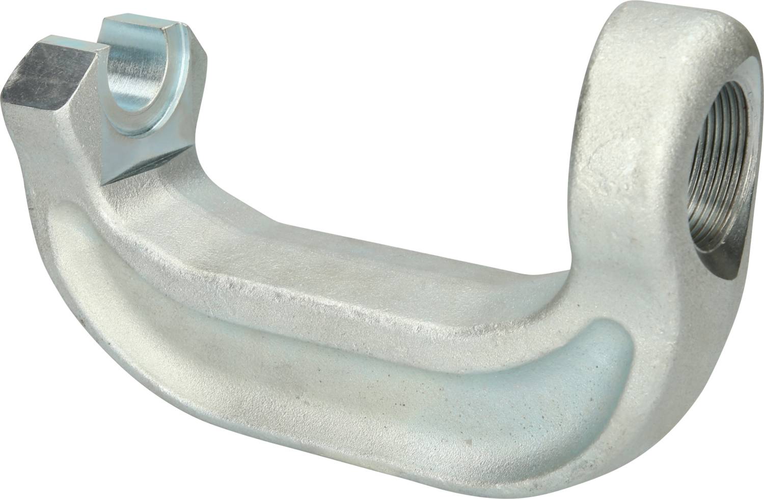 Metalowy element mocujący o prostokątnym, zaokrąglonym kształcie, posiadający półokrągłe wycięcie na jednym końcu, prawdopodobnie przeznaczony do zastosowań mechanicznych.