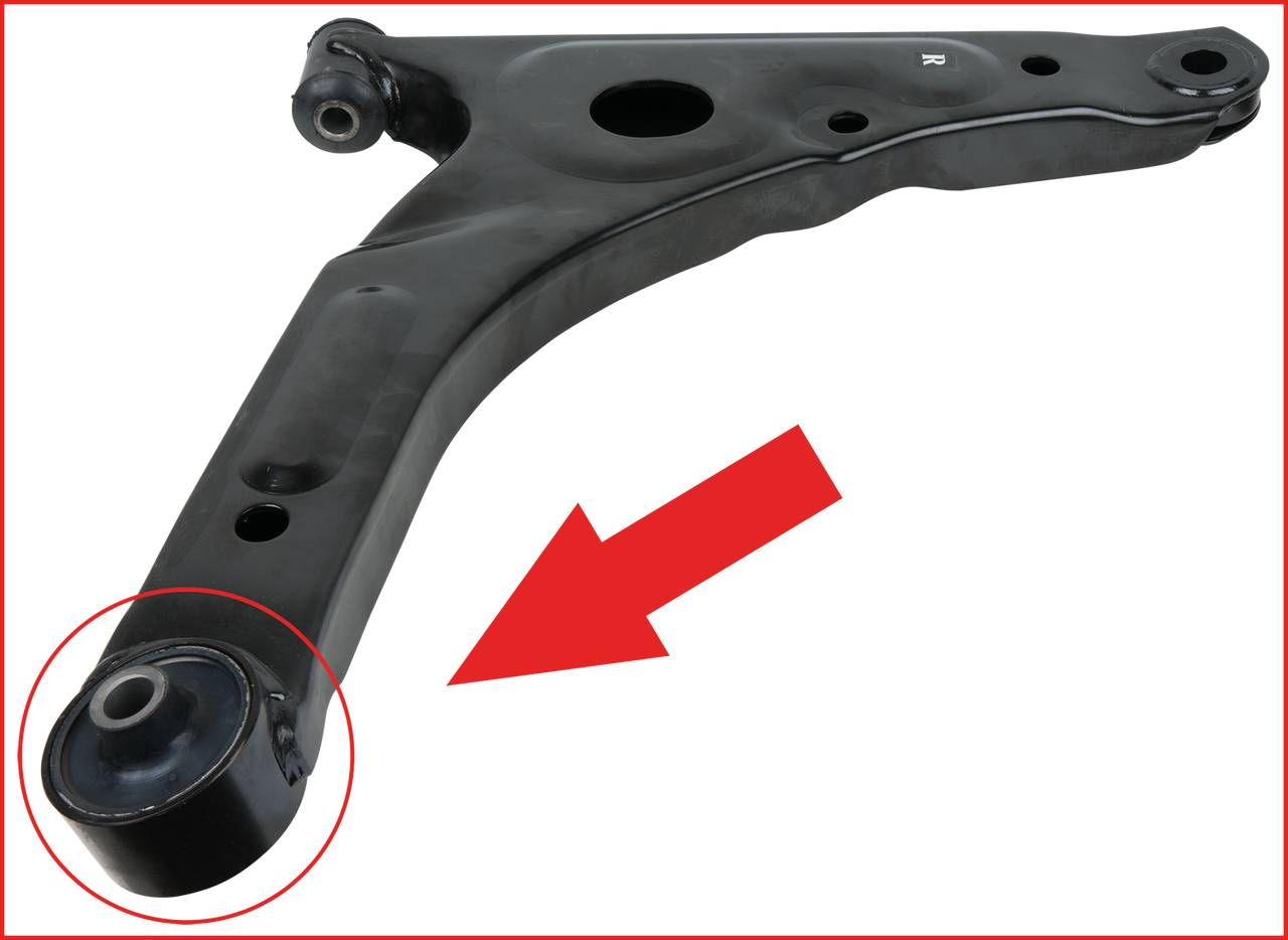 Czarny metalowy wahacz z czerwoną strzałką wskazuje na okrągły element.