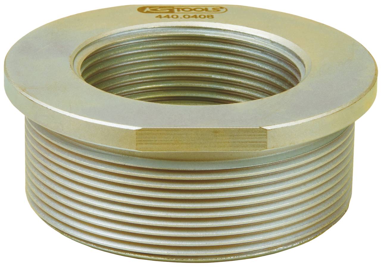 Metalowy wkład gwintowany firmy KS Tools, numer modelu 440.0408, z szeroką krawędzią i drobnymi zwojami gwintu, typowy dla części samochodowych.
