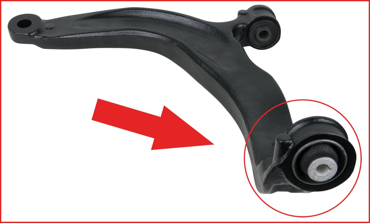 Czarny wahacz ze strzałką w kolorze czerwonym wskazuje na gumowe mocowanie znajdujące się od spodu.