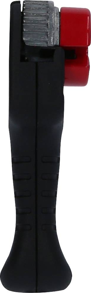 Czarny nóż do cięcia z czerwoną głowicą, ustawiony pionowo. Narzędzie do precyzyjnego cięcia, widok z boku.