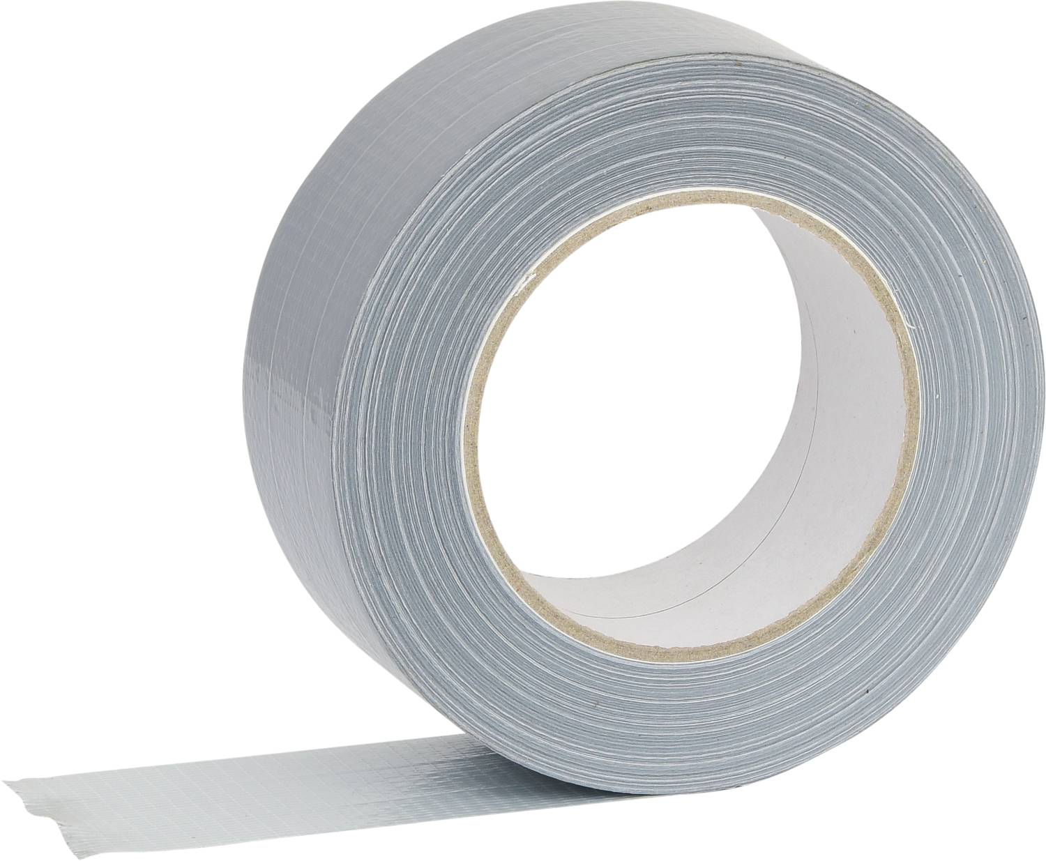 Rolka szarej taśmy klejącej, częściowo rozwinięta, na białym tle. Używana głównie do napraw i prac majsterkowiczowskich.