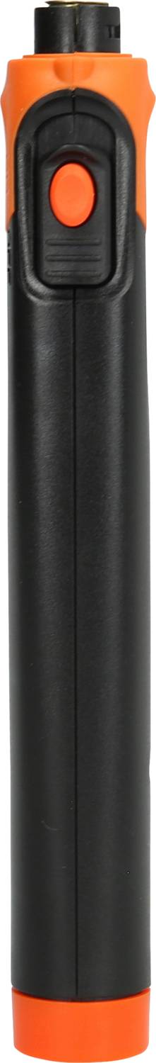 Podłużna zapalniczka w czarno-pomarańczowej wersji z czerwonym przyciskiem, odpowiednia do grillowania lub kempingu.