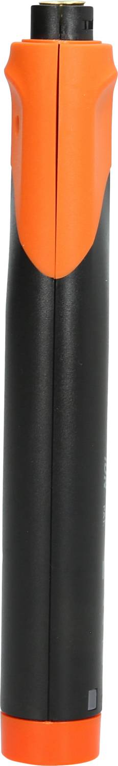 Czarny długopis ze szczegółami w kolorze pomarańczowym, stojący pionowo.
