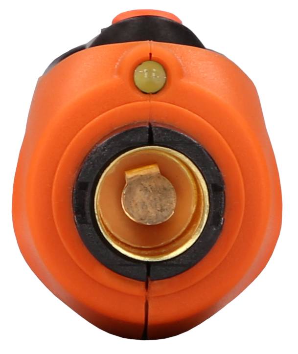 Widok z przodu okrągłej, pomarańczowej wtyczki z metalowym stykiem wewnętrznym, odpowiedniej do połączeń elektrycznych.