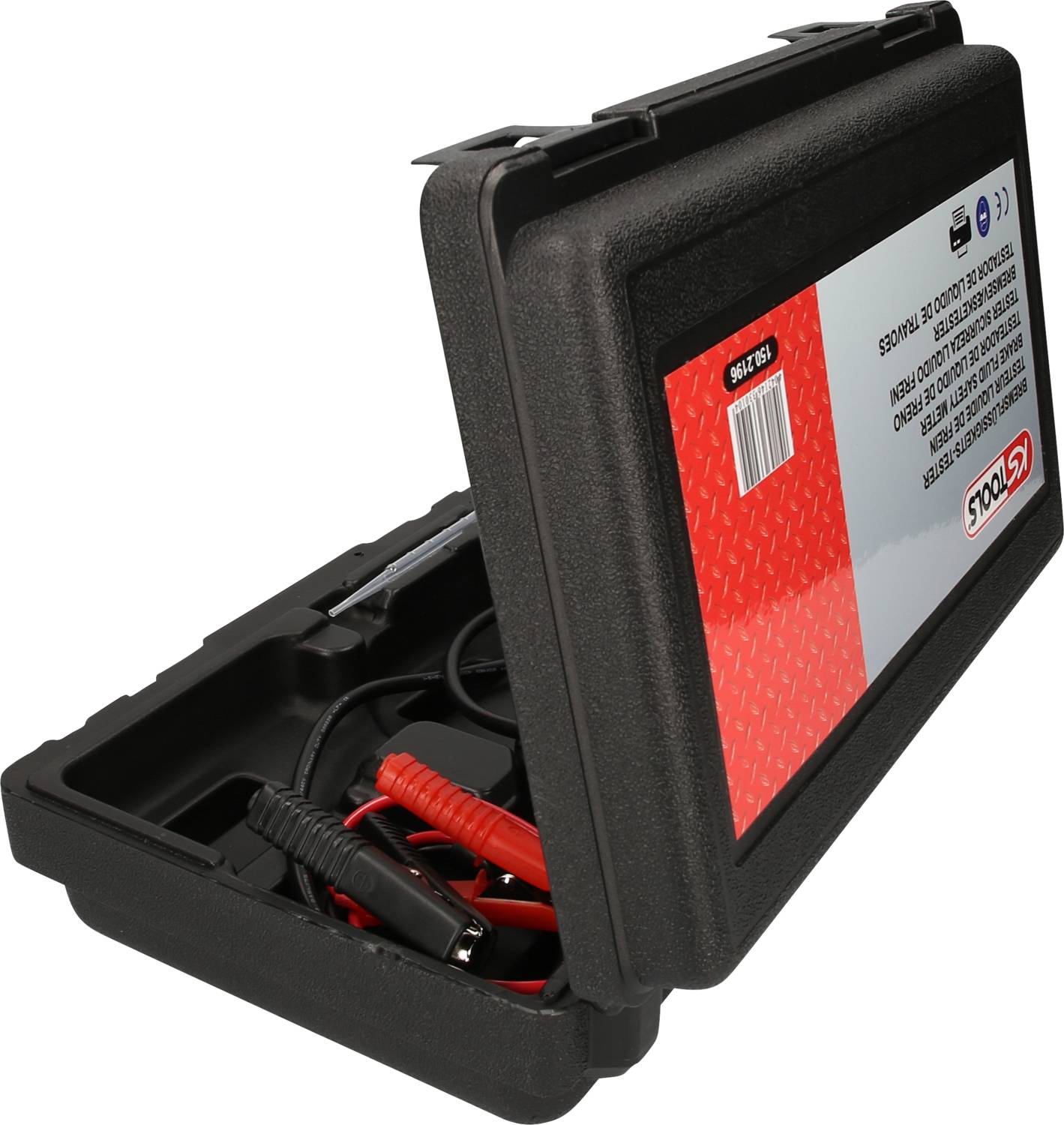 'Czarny kufer narzędziowy z otwartą pokrywą, ukazujący czerwone i czarne kable w środku. Na pokrywie naklejka z logo i tekstem.'