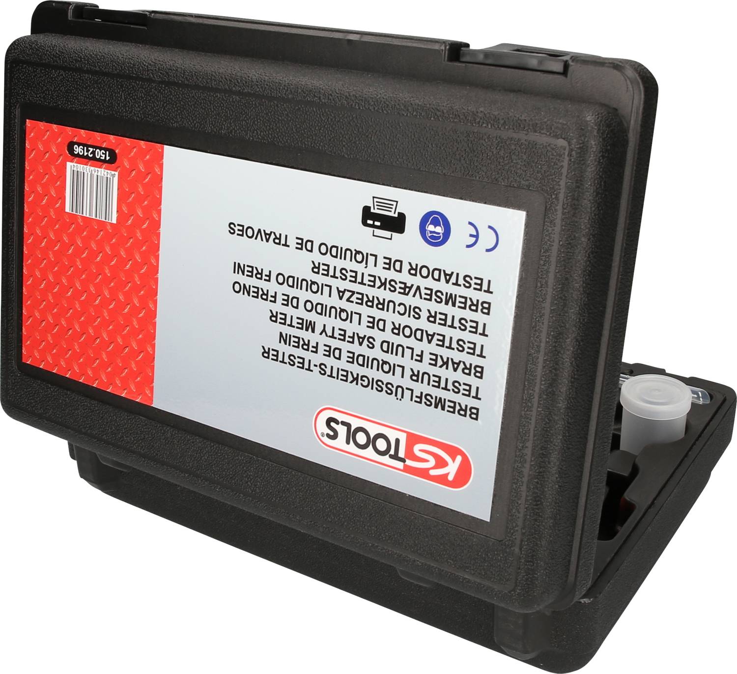 Czarny kufer na narzędzia z logo 'KS TOOLS'. Częściowo otwarty, zawartość niewidoczna.