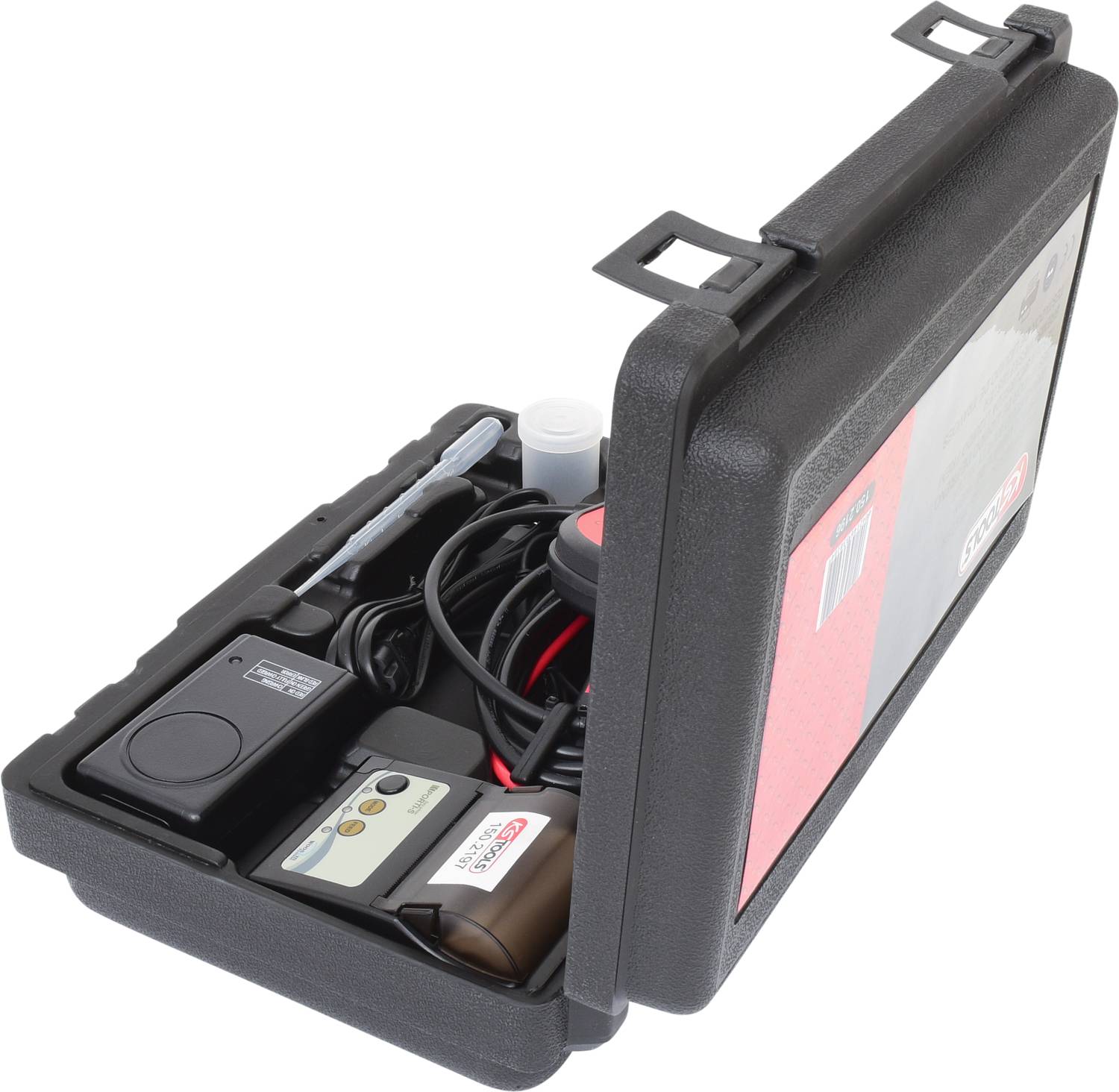 Otwarty czarny plastikowy kuferek z przyrządem pomiarowym, przewodami i akcesoriami do badania jakości wody.