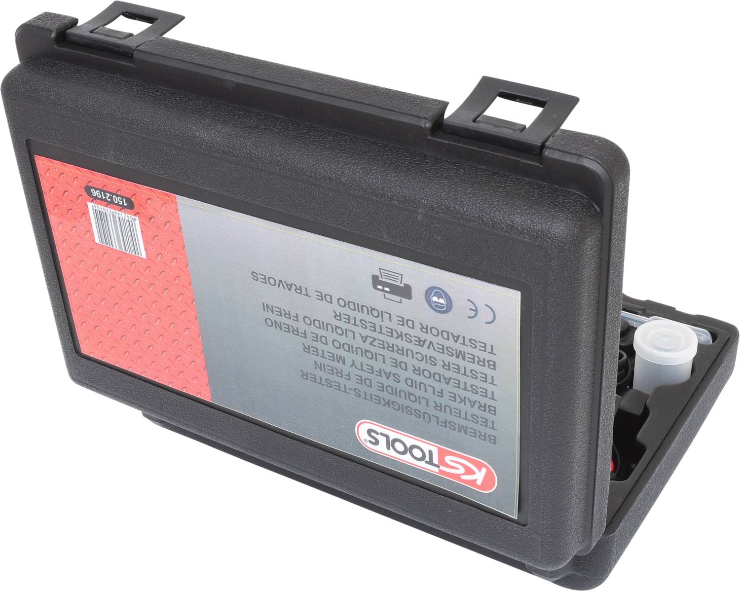 Czarny walizka na narzędzia firmy KS Tools z czerwoną etykietą, częściowo otwarta, ukazująca logo i niektóre narzędzia w środku.