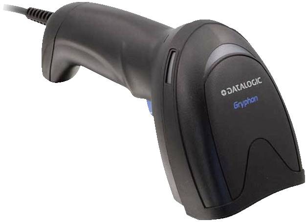 Czarny skaner ręczny z napisem 'Datalogic Gryphon', używany do odczytu kodów kreskowych, na białym tle.