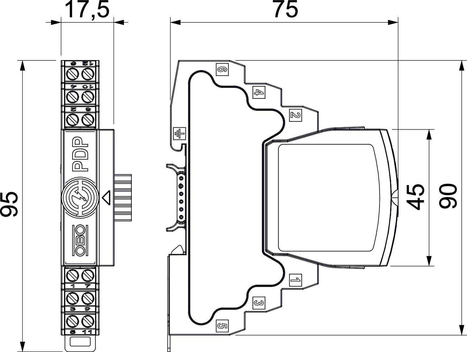 Rysunek techniczny urządzenia elektronicznego z wymiarami: wysokość 95 mm, szerokość 17,5 mm, głębokość 75 mm. Przedstawiono widok z przodu i z boku.