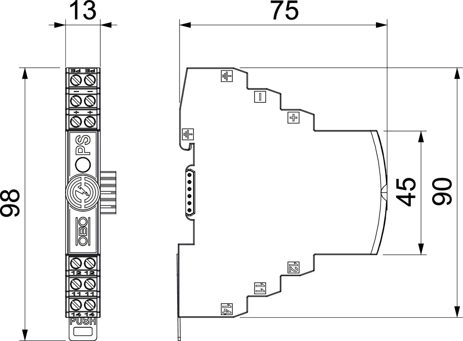 Rysunek techniczny modułu elektronicznego o wymiarach: wysokość 98 mm, szerokość 13 mm, głębokość 75 mm. Widoczne oznaczenie 'OPS' oraz złącza.