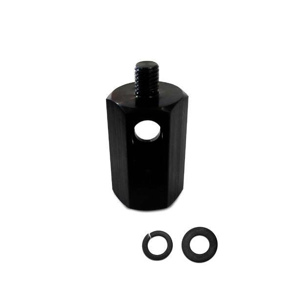 Pokazano czarny adapter z gwintem i dwiema podkładkami, odpowiedni do mocowania na prętach lub uchwytach.