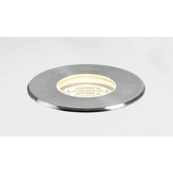 Okrągła oprawa wpuszczana LED z srebrną ramką i ciepłym białym światłem, idealna do nowoczesnego oświetlenia wnętrz.