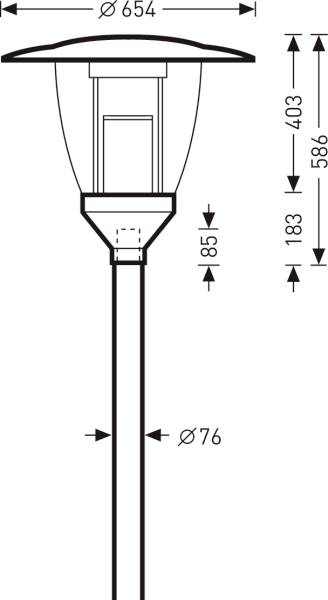 Rysunek techniczny latarni ulicznej z wymiarami: wysokość 851 mm, średnica klosza 654 mm, średnica słupa 76 mm, z zaznaczonymi różnymi wysokościami poszczególnych sekcji.