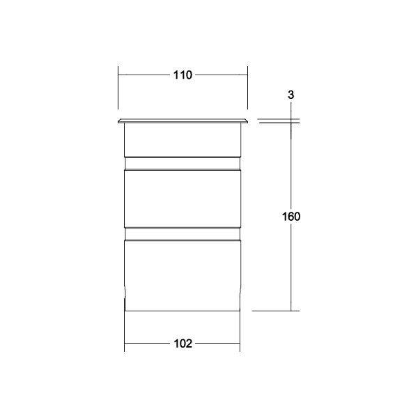 Diagram cylindrycznego pojemnika z wymiarami: wysokość 160, szerokość górna 110, szerokość dolna 102, wysokość pokrywy 3.