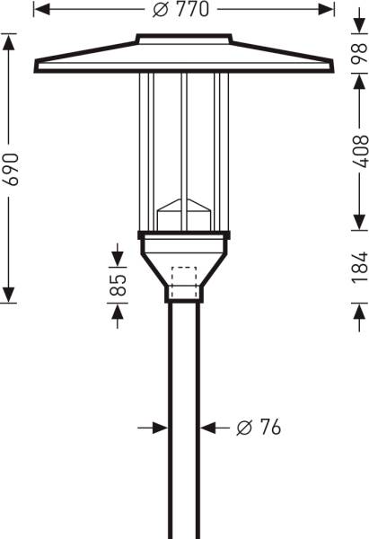 Rysunek słupa oświetleniowego z cylindryczną podstawą. Wymiary: wysokość 690 mm, średnica głowicy 770 mm, średnica podstawy 76 mm.