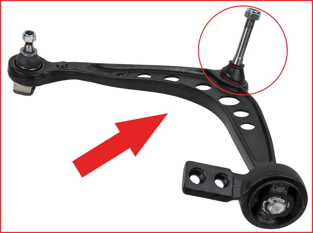 Czarny wahacz z podkreślonymi przegubami kulistymi i czerwoną strzałką. Wyróżnienie podświetla kluczowe obszary struktury części samochodowej.