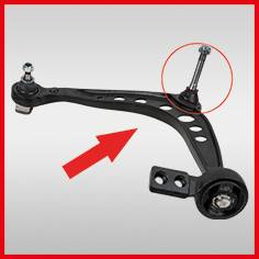 Obraz przedstawia czarny wahacz z czerwonym oznaczeniem na punkcie połączenia oraz strzałką wskazującą na to miejsce.