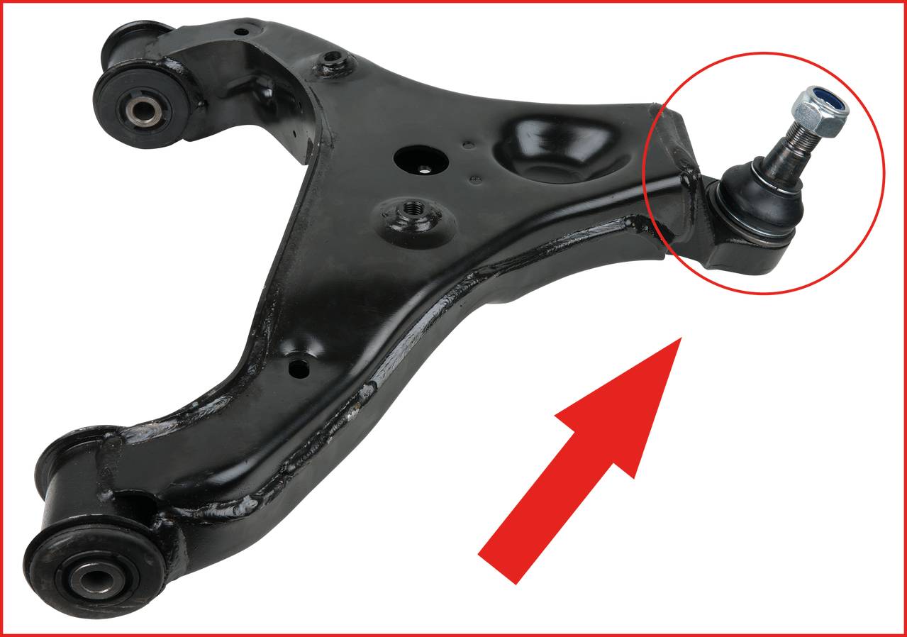 Czarny wahacz z czerwoną obwódką sworznia kulistego. Czerwona strzałka wskazuje na sworzeń kulisty.