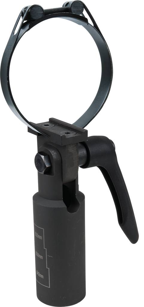 Czarna klamra metalowa z uchwytem, używana do mocowania okrągłych przedmiotów, prezentuje narzędzie przemysłowe.