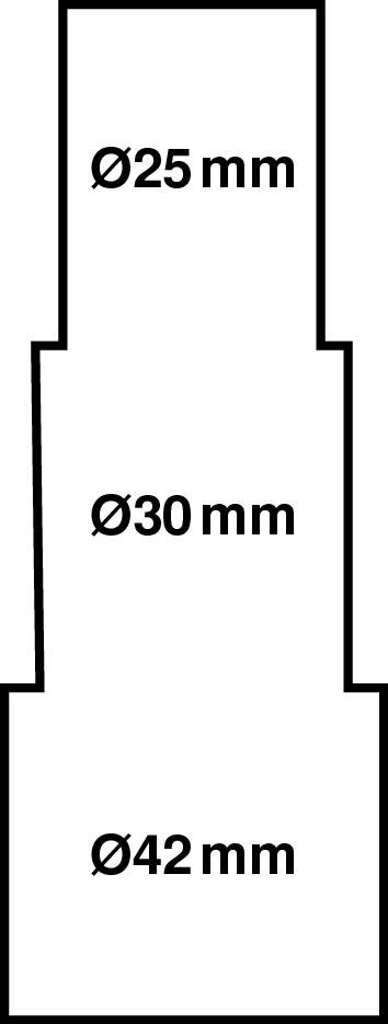 Diagram z trzema nakładającymi się sekcjami: górna Ø25 mm, środkowa Ø30 mm, dolna Ø42 mm.