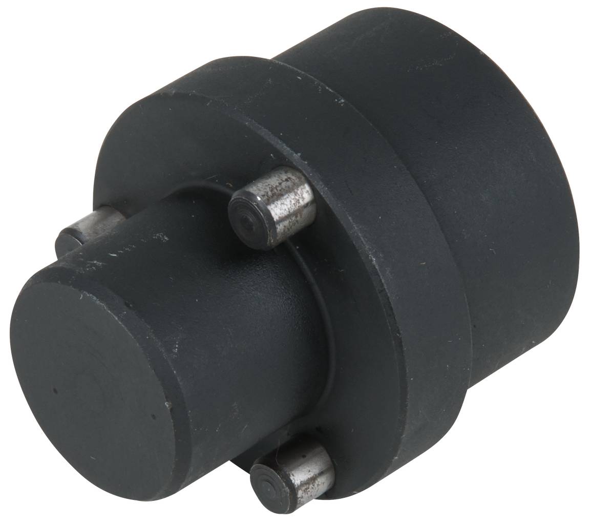 Czarny element maszynowy wykonany z metalu o kształcie cylindrycznym, z dwoma małymi wystającymi kołkami po bokach.