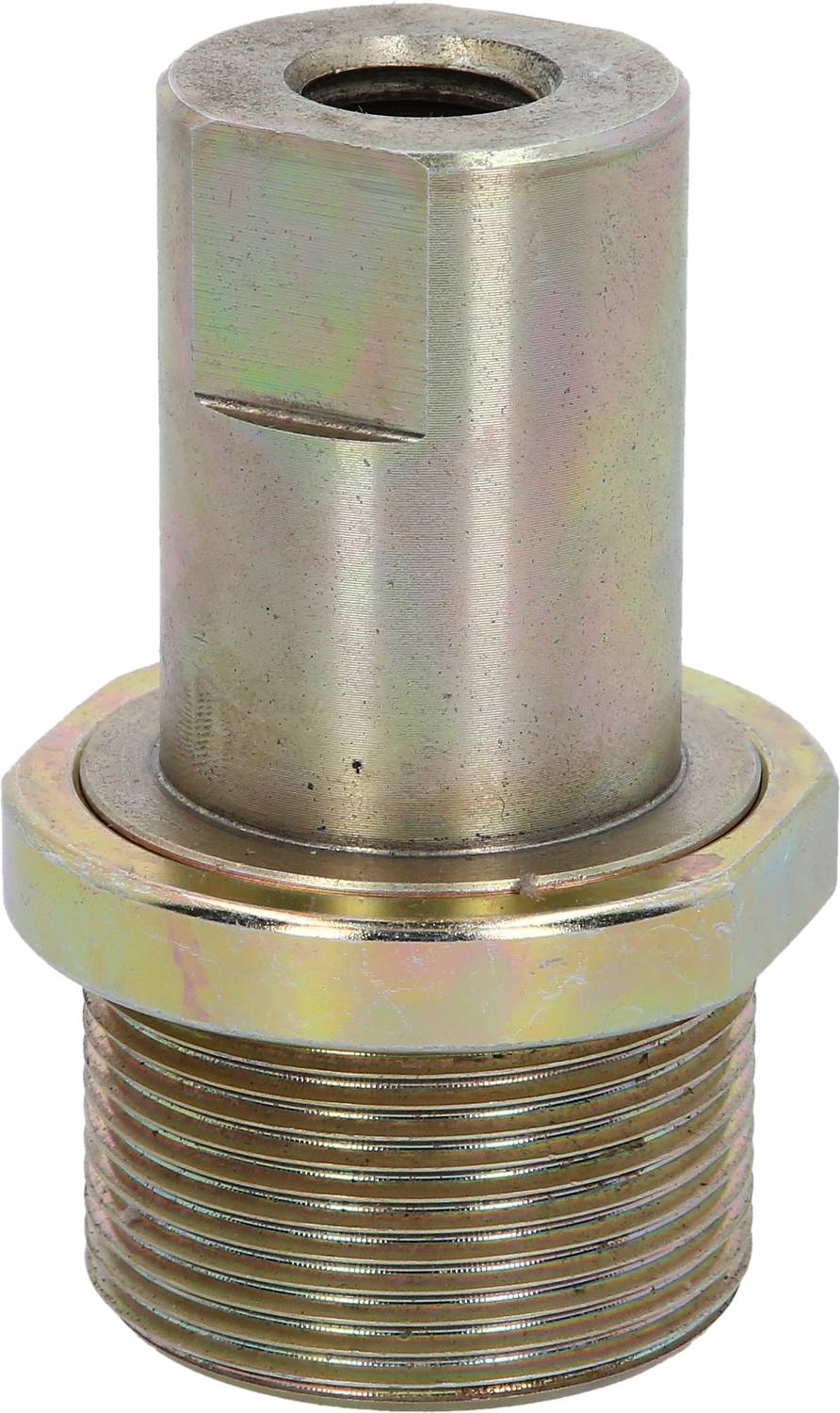 Metalowy cylinder z gwintem zewnętrznym na dolnym końcu i gładką powierzchnią, prawdopodobnie element techniczny.