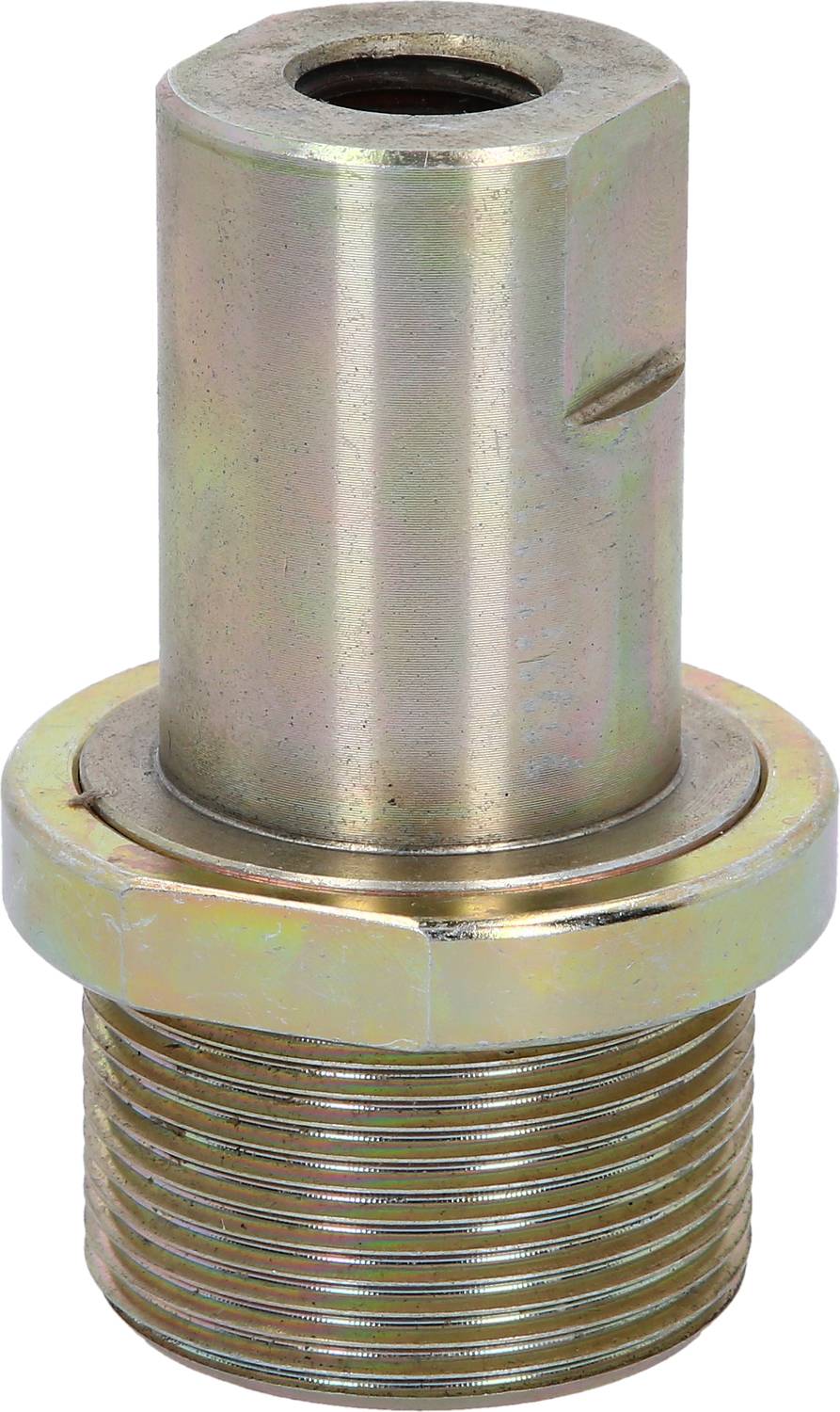 Metalowy cylinder z gwintem na jednym końcu, prawdopodobnie element maszyny lub komponenta śrubowa.