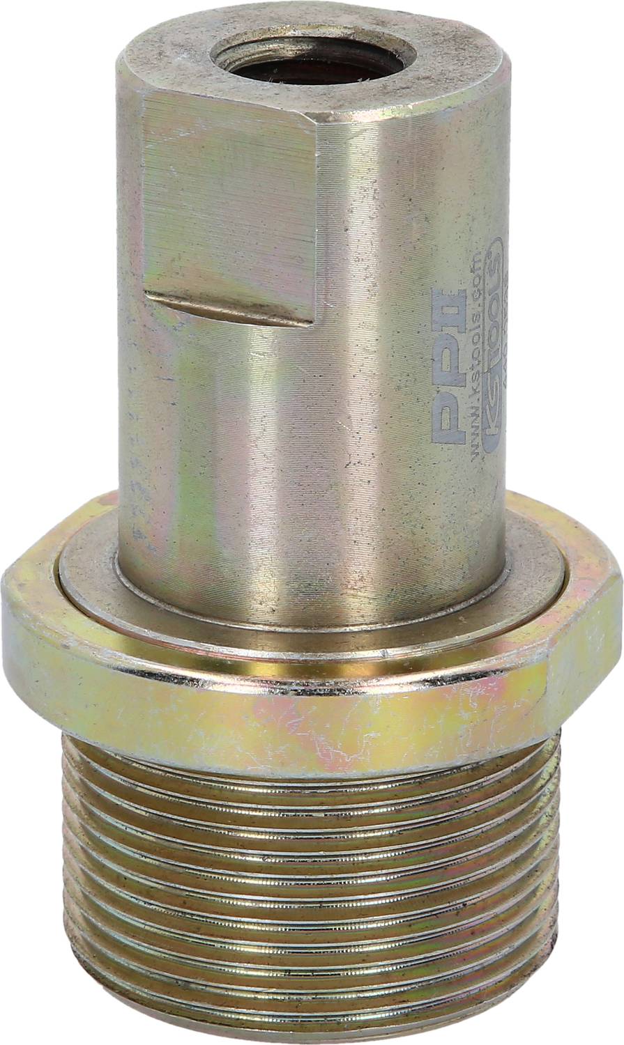 Metalowy łącznik gwintowany z sześciokątną główką i pustą przestrzenią wewnętrzną, stosowany do połączeń rurowych w zastosowaniach przemysłowych.