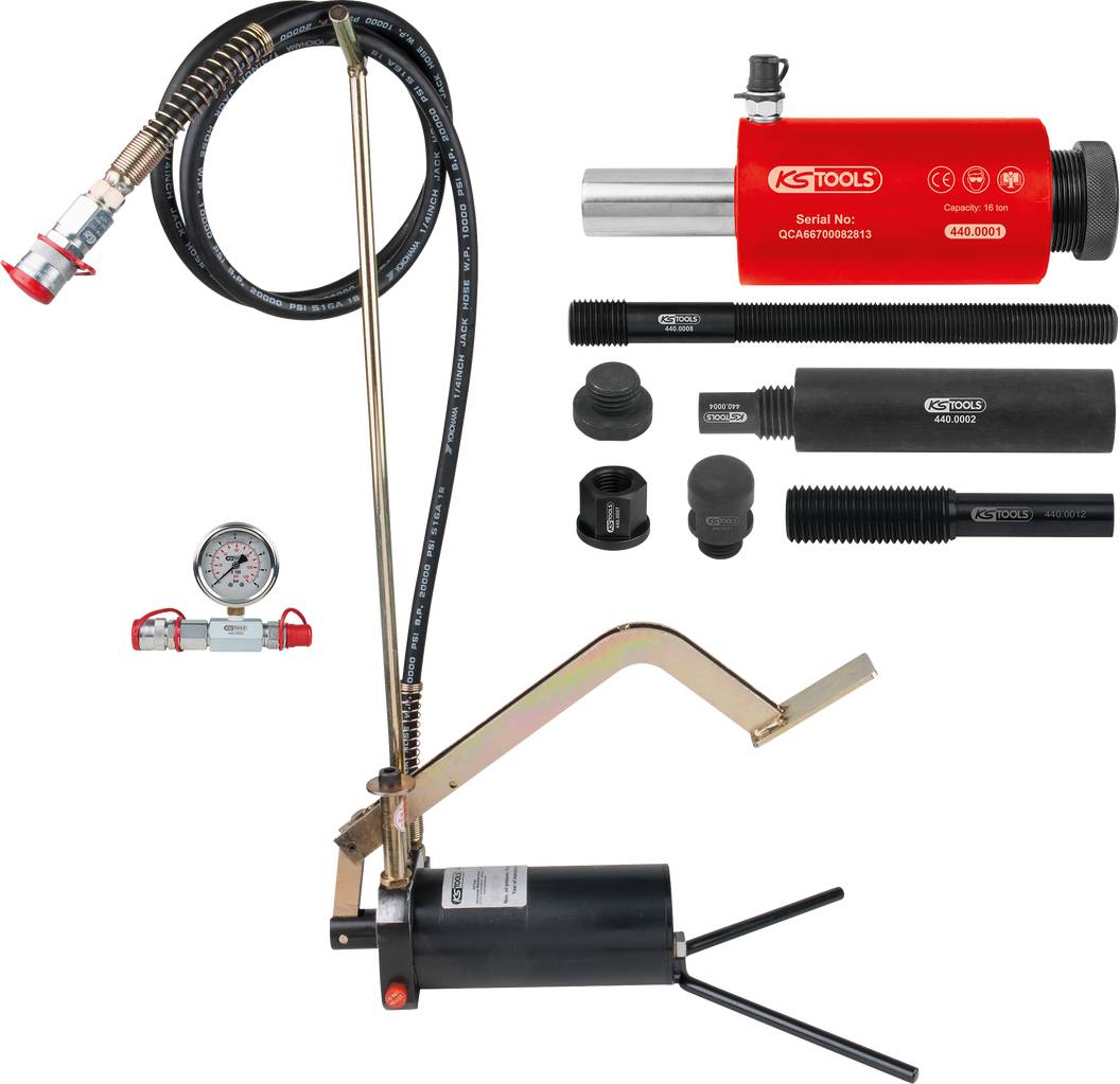 Zestaw narzędzi hydraulicznych z czerwonym cylindrem, pompą, manometrem i elementami wyposażenia dodatkowego. Idealny do zastosowań dźwigowych lub ciśnieniowych w warsztatach.