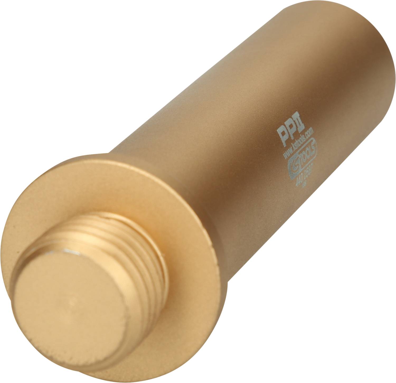 Złoty cylindryczny adapter metalowy z gwintem i napisem 'PPI'.