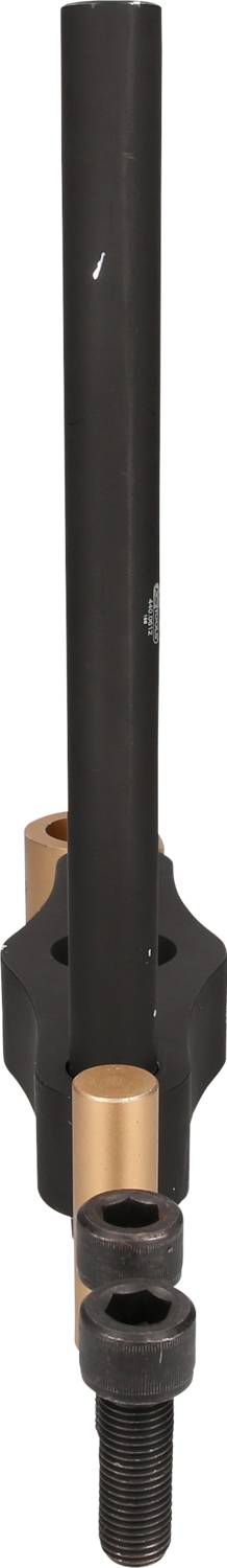 Długie, czarne narzędzie metalowe z elementami w kolorze brązu, stojące pionowo.