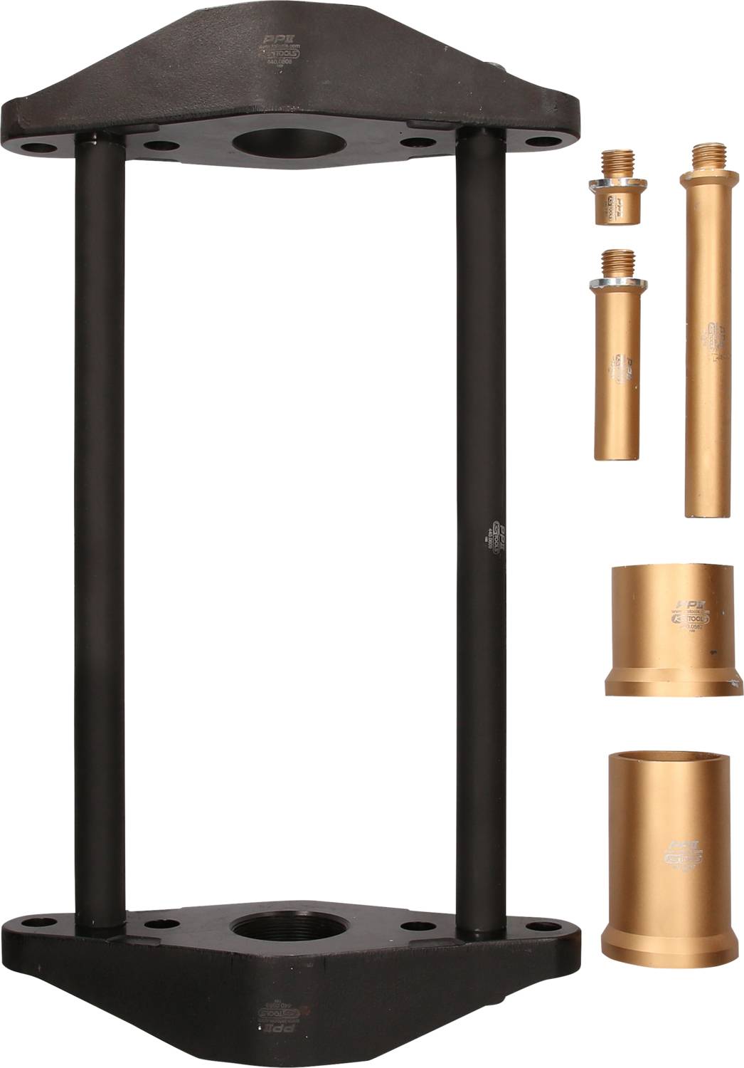 Urządzenie z czarną ramą, z odpowiednimi złotymi elementami zamocowanymi po prawej stronie. Wyposażenie techniczne, prawdopodobnie do zastosowań mechanicznych.