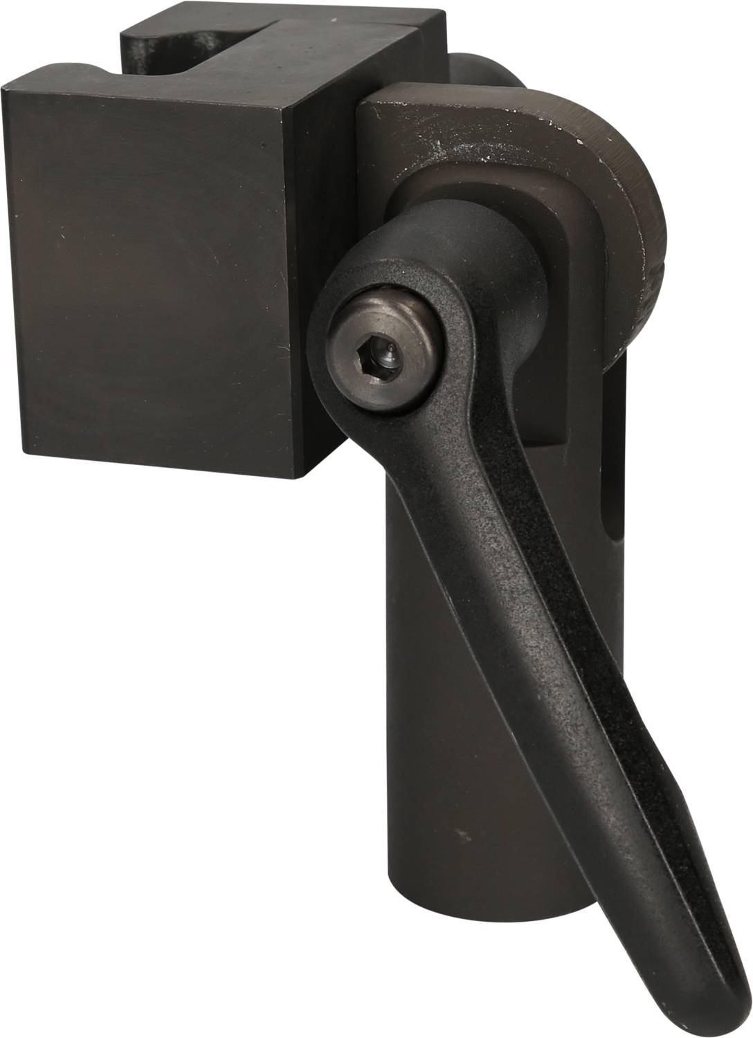 Metalowa zaciskowa śruba mocująca z dźwignią, służąca do mocowania i pozycjonowania elementów w maszynach lub urządzeniach.