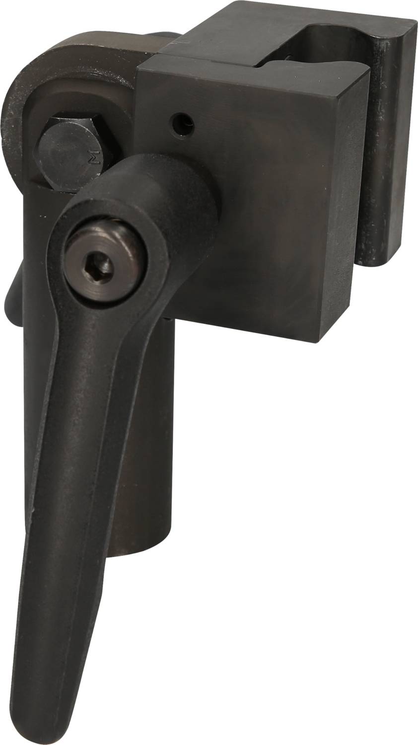 Czarny metalowy kątownik z ruchomym mechanizmem dźwigniowym, używany do mocowania lub zacisku materiałów.